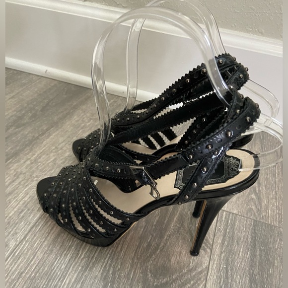 C. Dior Bonnie Black Leather Studded Open Toe Platform High Heels Size 38/ 7 - Picture 10 of 14